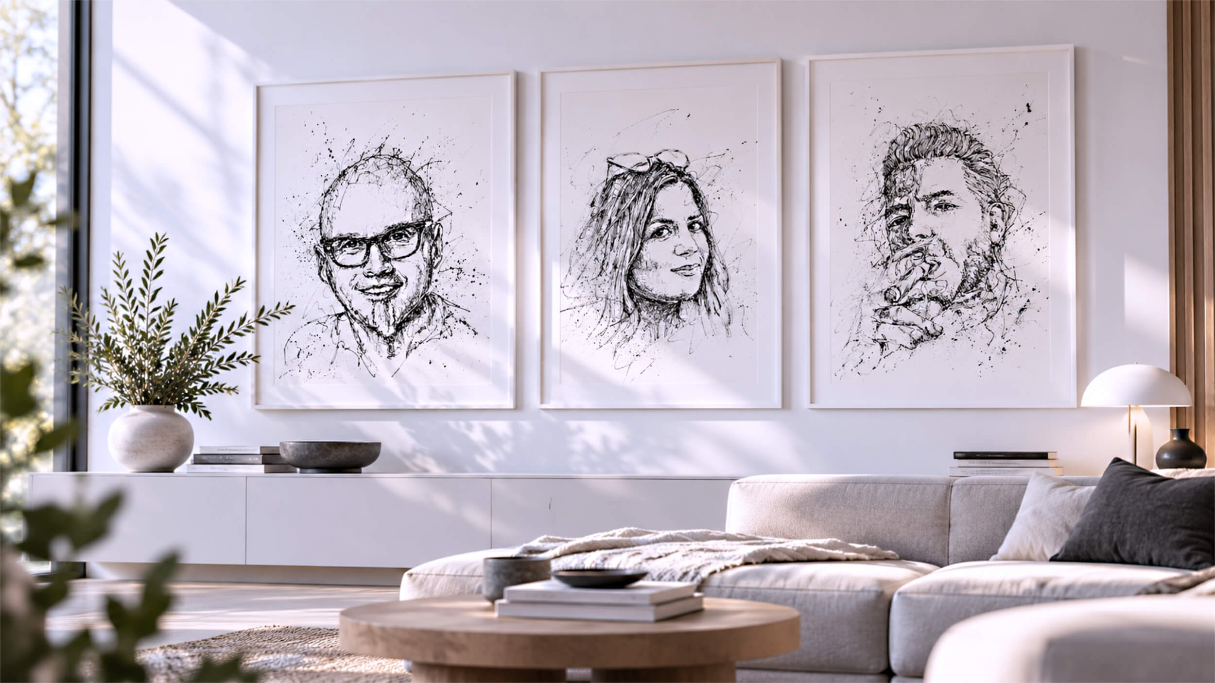 Handgezeichnete Portraits mit Tusche in einem modernen Wohnraum