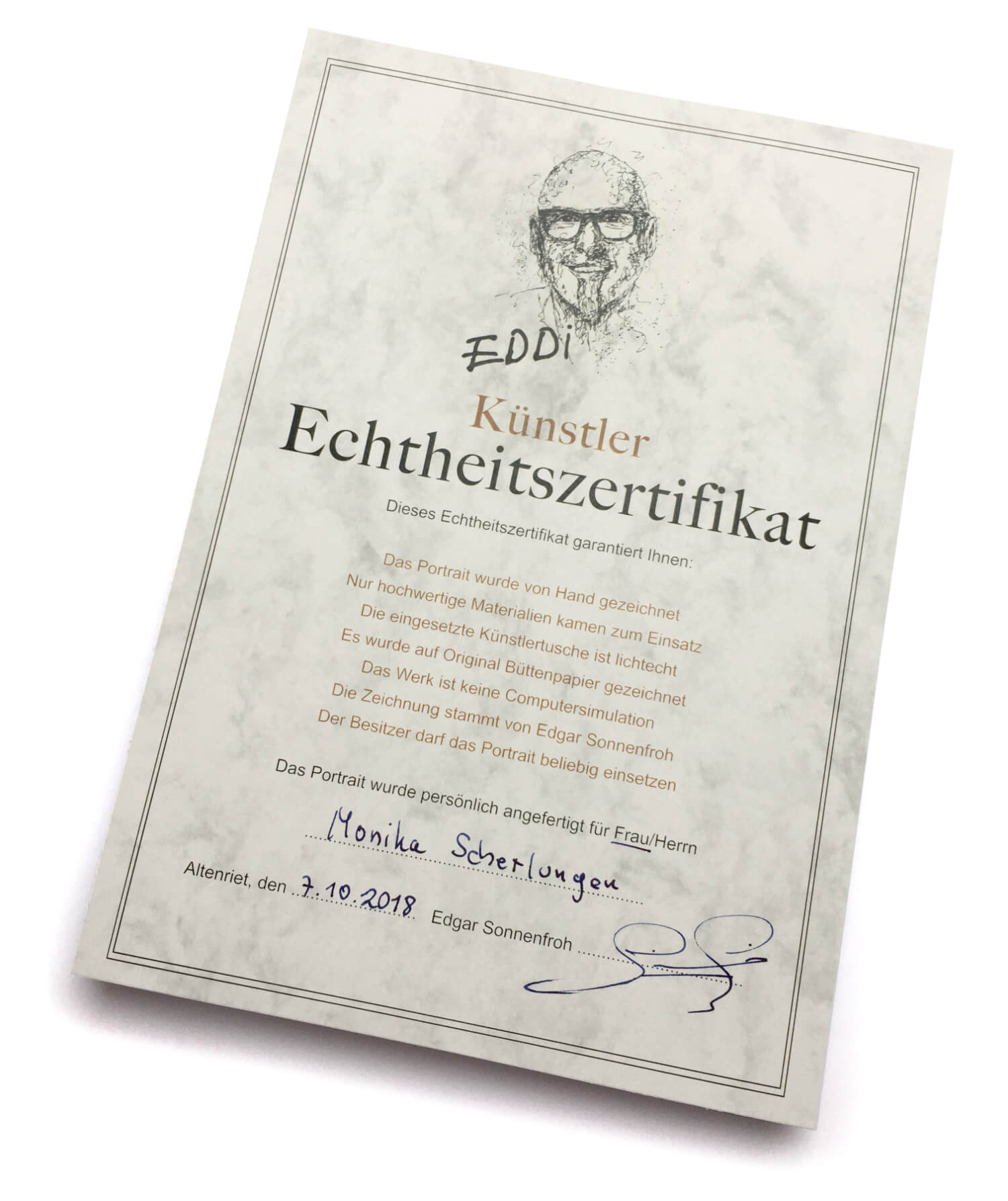 Zertifikat Echtheitszertifikat für ein handgezeichnetes Portrait von Edgar Sonnenfroh